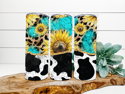 Cow Print With Leopard, Turquoise & Sunflowers Tumbler