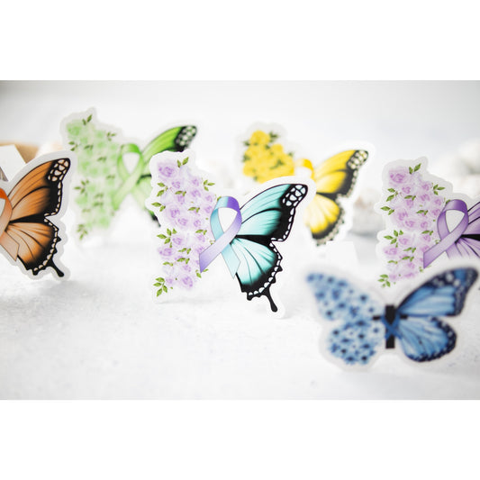 Teal Purple Awareness Butterfly, Clear Vinyl Sticker, 3x3 in