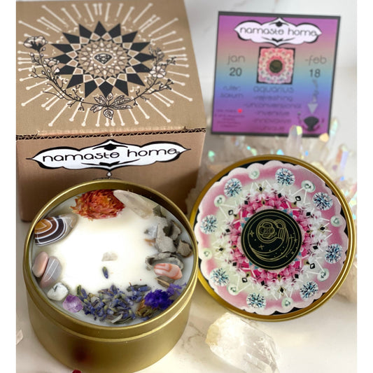 Aquarius Crystal Candle, Zodiac Candle w/ Gemstones + Herbs