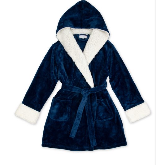 Women's Fluffy Plush Robe With Hood- Navy Blue