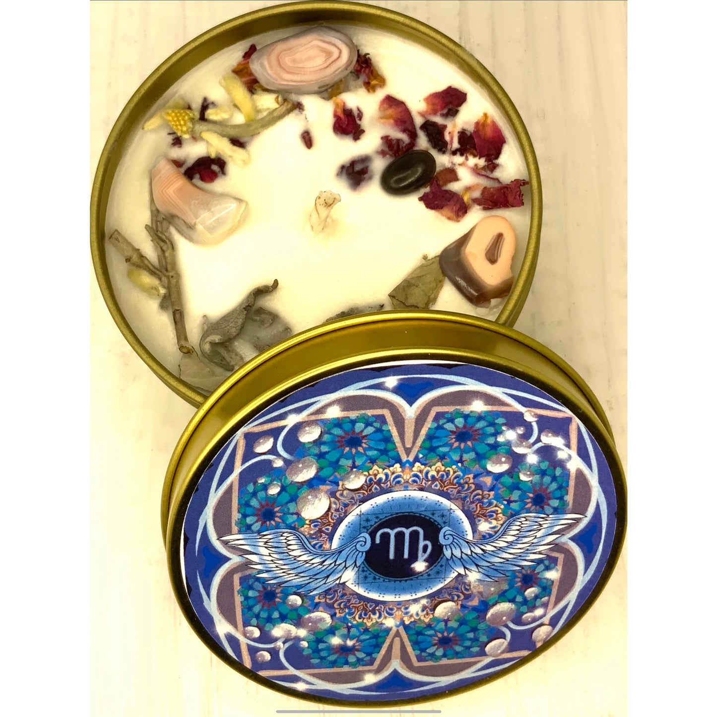 Virgo Crystal Candle, Zodiac Candle w/ Gemstones + Herbs