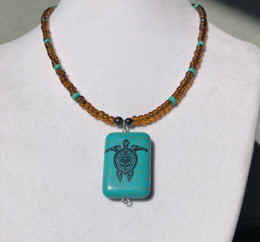 Sea Turtle Pendant with Tan Seed Beads