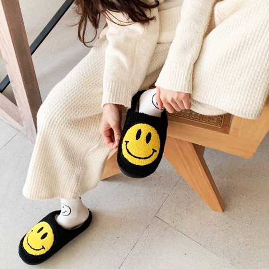 Smiley Face Slippers - Black