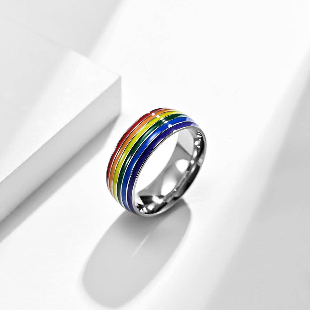 Rainbow LGBTQ Pride Stacked Band Ring in Stainless Steel