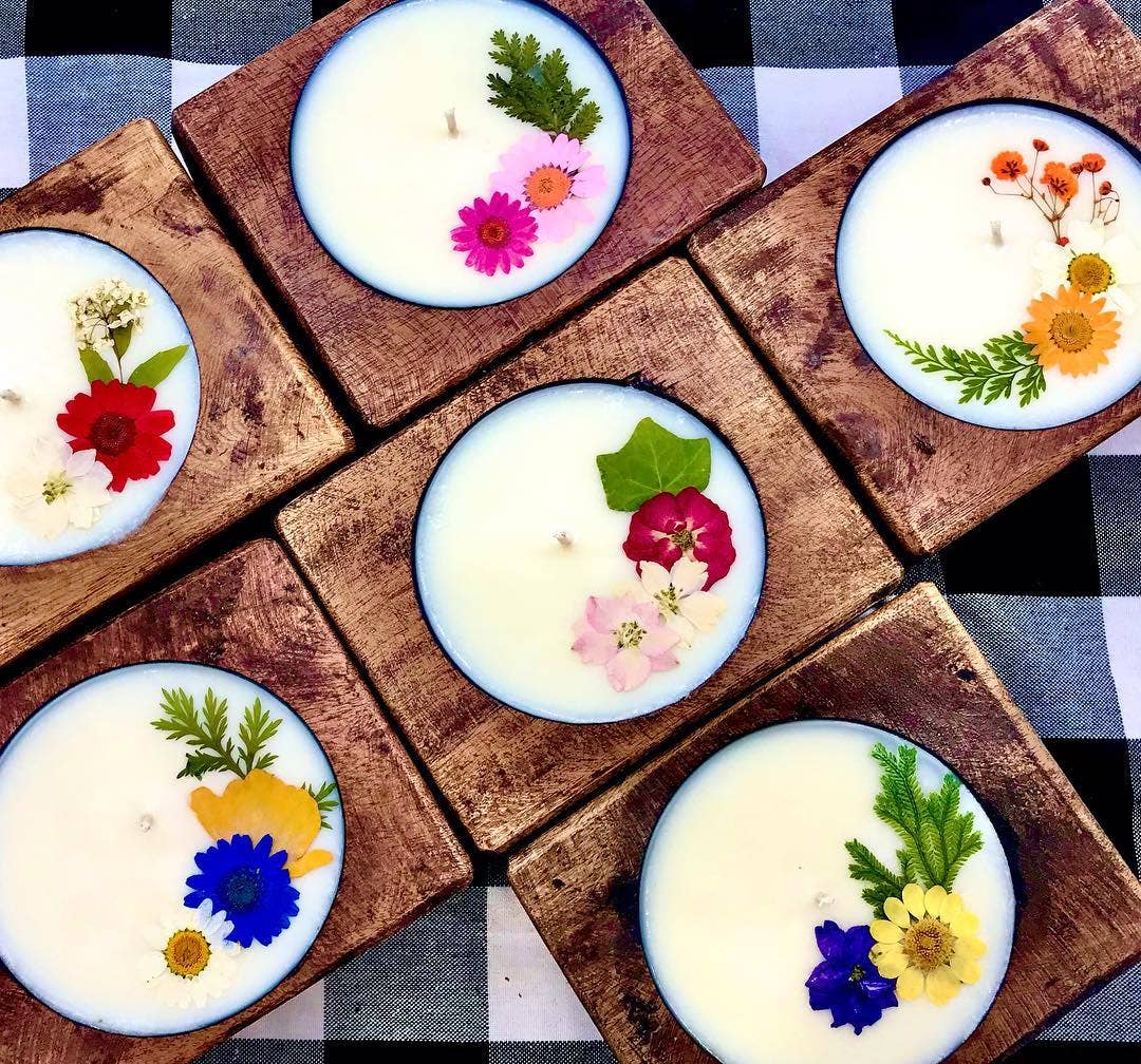 Flower Soy Candle in Wood Cheese Mold