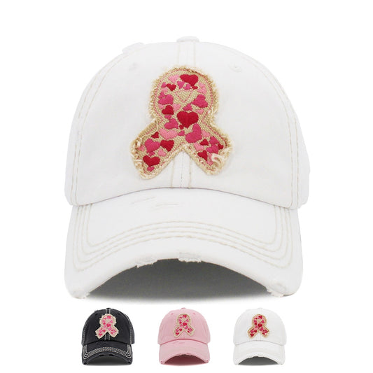 Pink Ribbon Hearts Vintage Distressed Baseball Cap