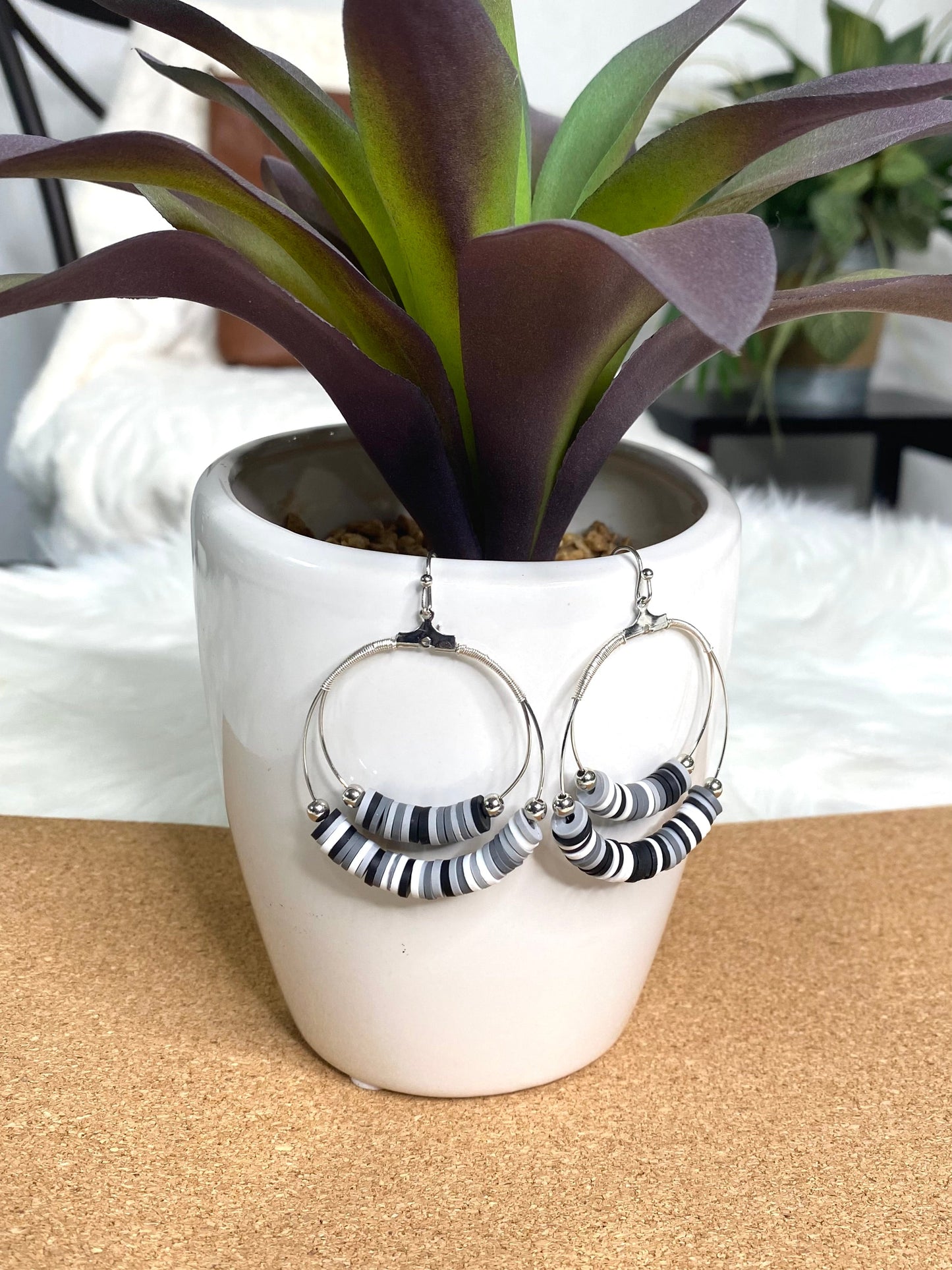 Black, white, silver Heishi Hoops