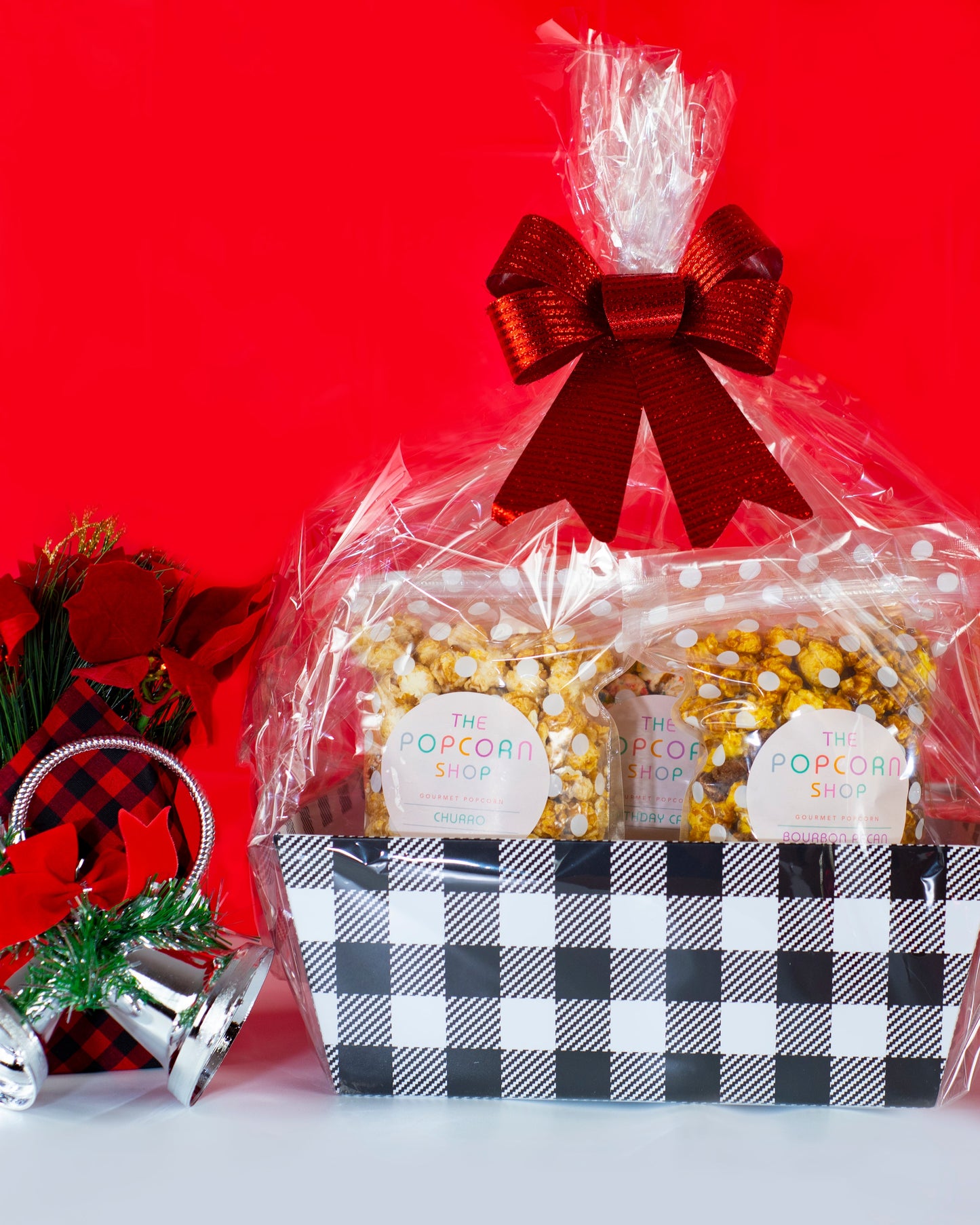 White and Black Plaid Gift Basket