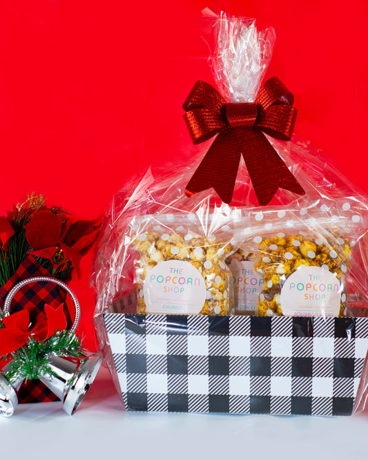 White and Black Plaid Gift Basket