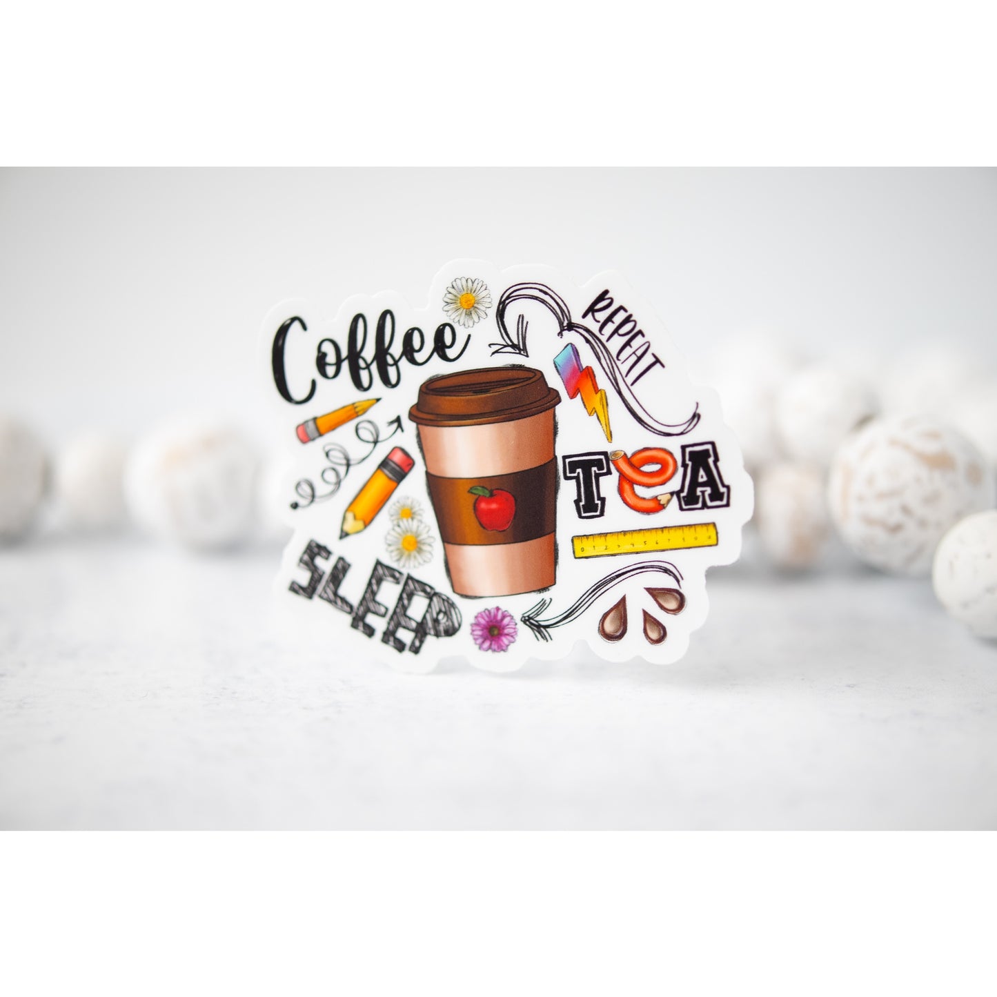 Coffee, Tea, Sleep, Repeat, Vinyl Sticker, 3x3 in.