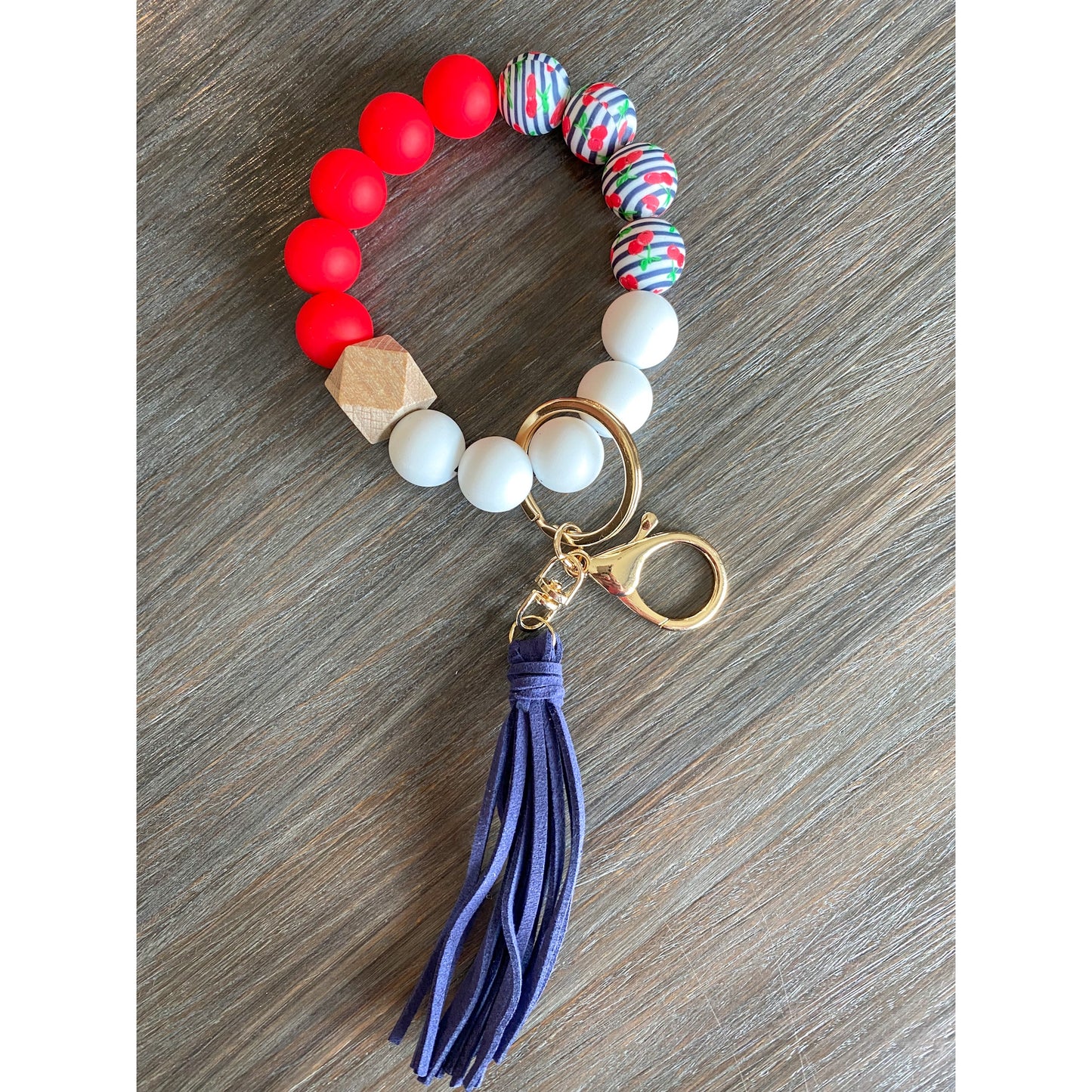 Cherries Red and Navy Silicone Bead Keychain