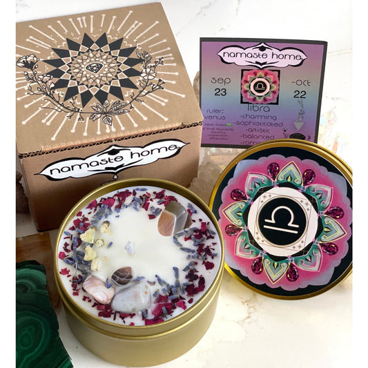 Libra Crystal Candle, Zodiac Candle w/ Gemstones + Herbs