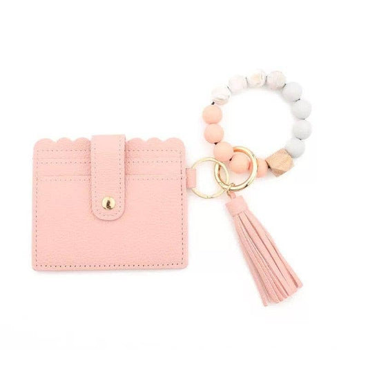 Peach Beaded Tassel Cardholder Keychain