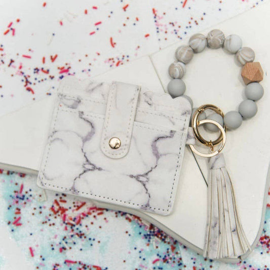 White Marble Beaded Tassel Cardholder Keychain