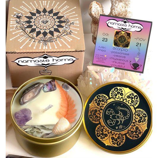 Scorpio Crystal Zodiac Candle, Zodiac Candle w/ Gemstones + Herbs