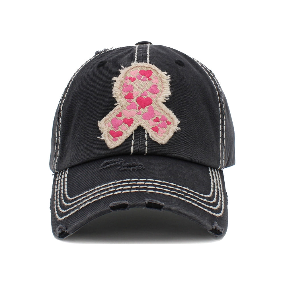 Pink Ribbon Hearts Vintage Distressed Baseball Cap