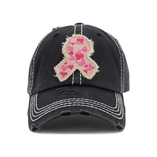 Pink Ribbon Hearts Vintage Distressed Baseball Cap