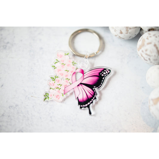 Breast Cancer Butterfly Acrylic Keychain, 2"