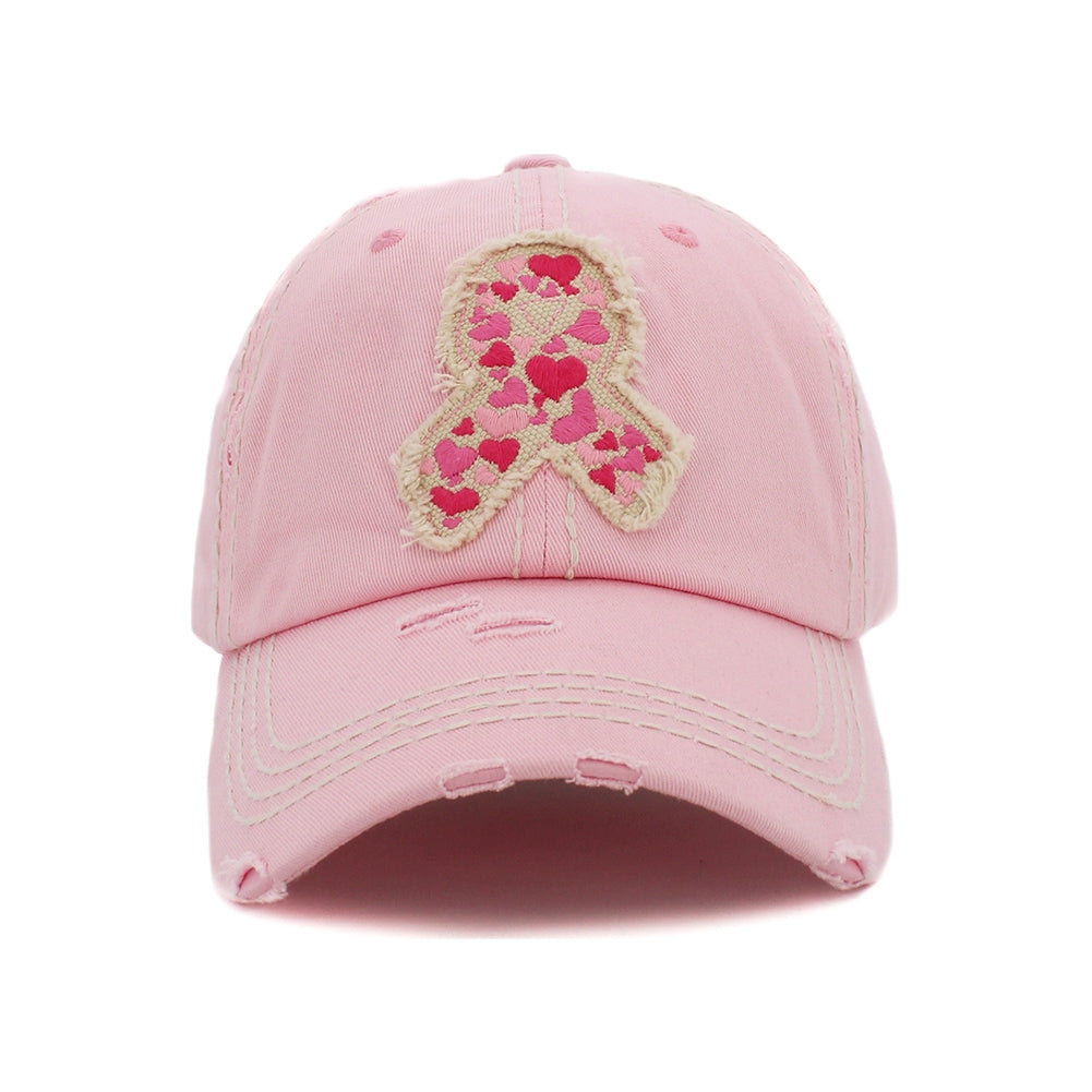 Pink Ribbon Hearts Vintage Distressed Baseball Cap