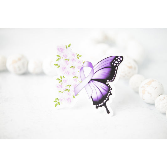 Purple Floral Awareness Butterfly, Vinyl Sticker, 3x3 in
