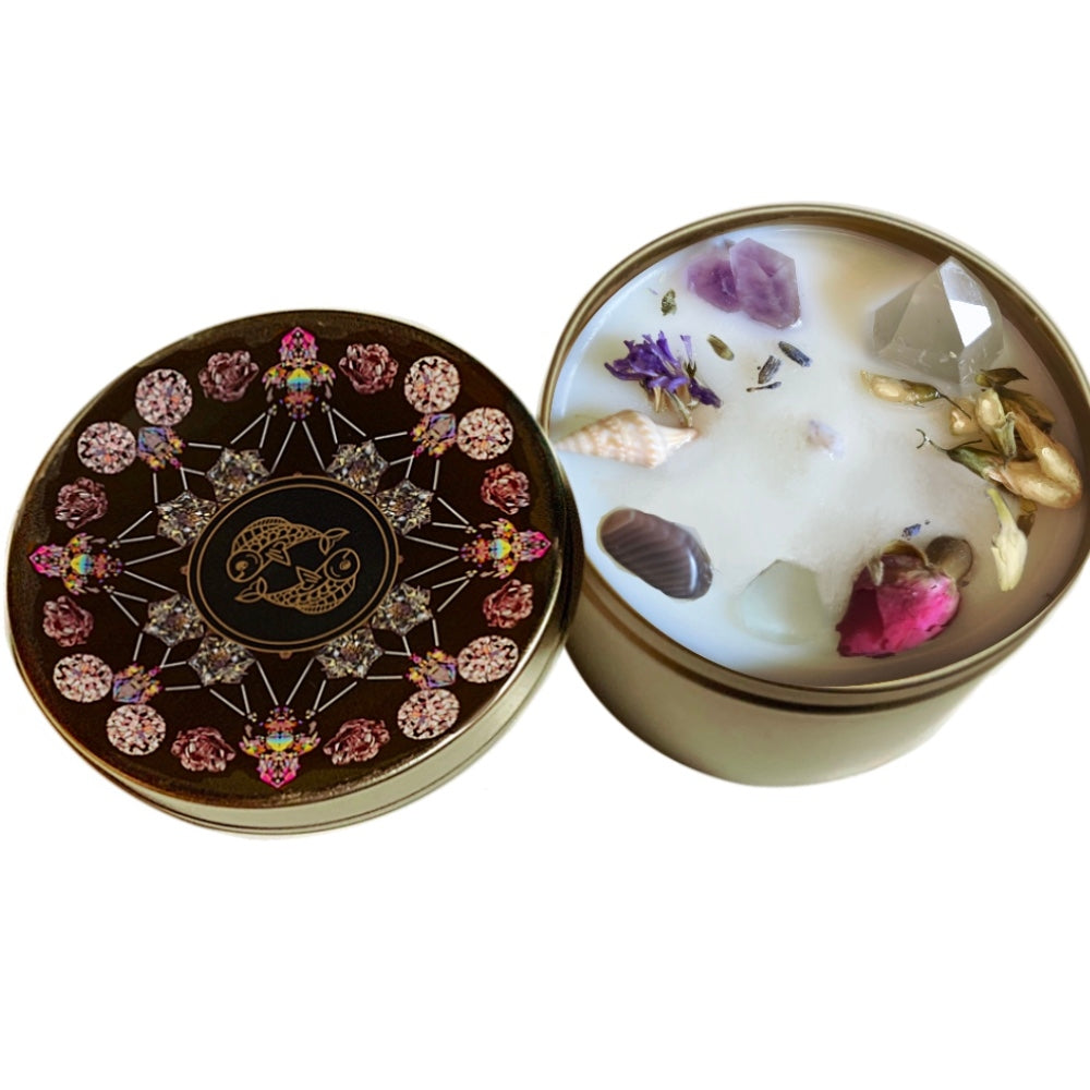 Pisces Crystal Candle, Zodiac Candle w/ Gemstones + Herbs