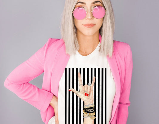 Loved Rock n Roll Hand w/ Stripes- White