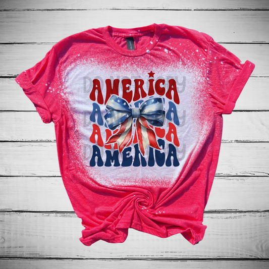 America Stacked Coquette Bow Bleached Distressed Tee Shirt