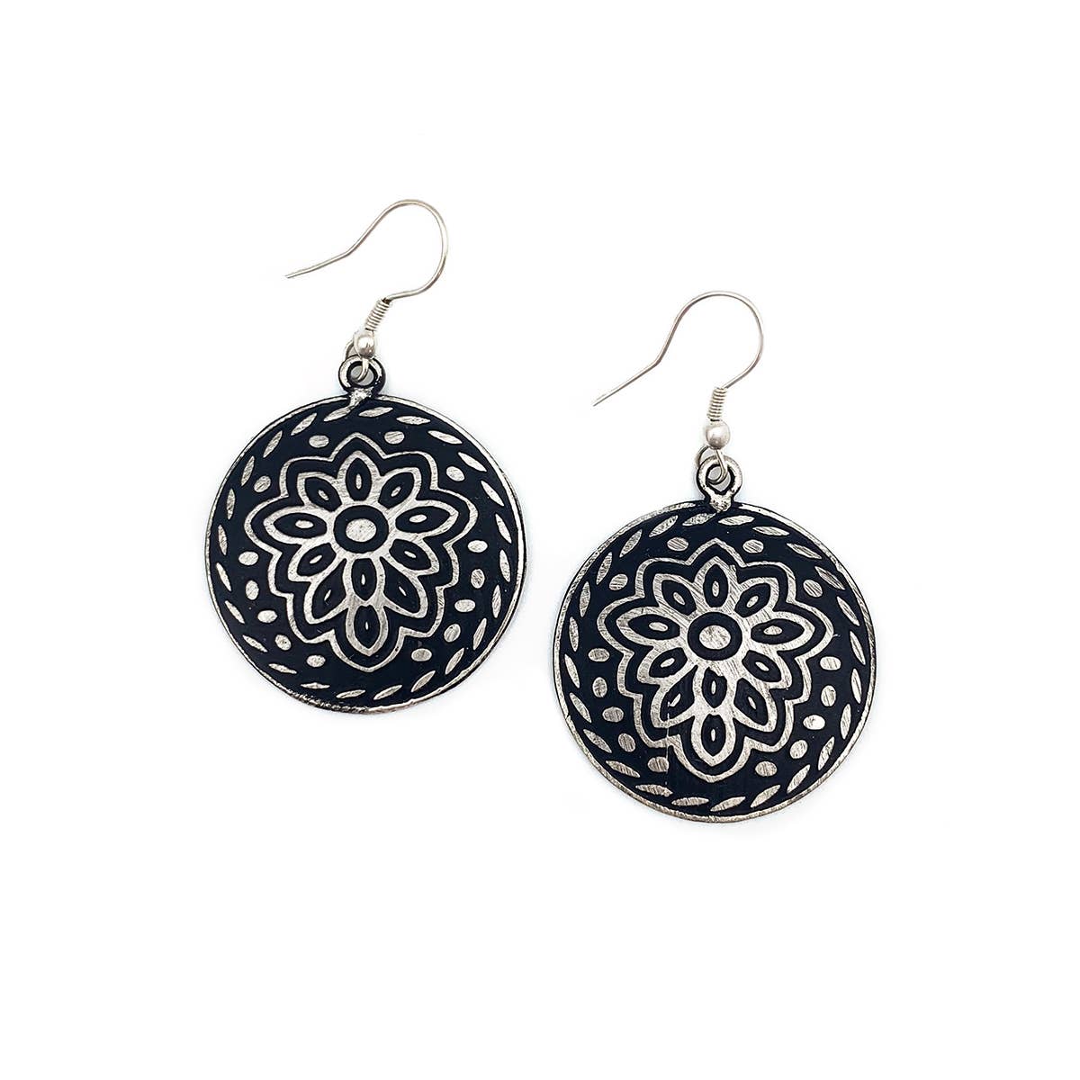 Silver Patina Earrings - Black Floral Circle