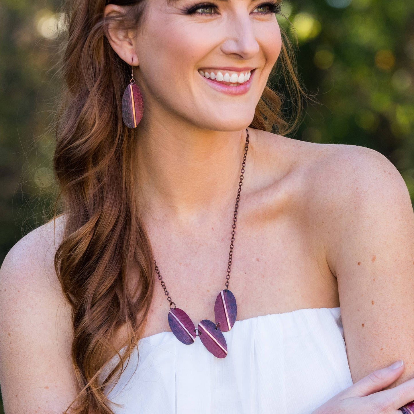 Copper Patina Necklace - Red Feathers and Circles