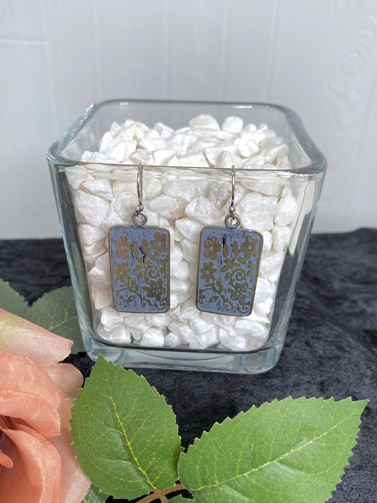 Silver Patina Earrings - Blue Small Floral Rectangle