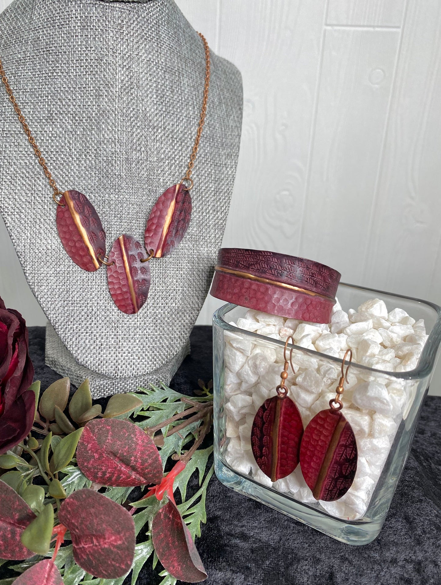 Copper Patina Necklace - Red Feathers and Circles