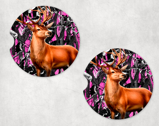 Deer Pink Camo Car Coaster Set