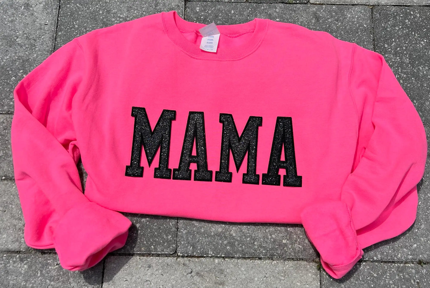 MAMA GLITTER EMBROIDERED PATCHES NEON PINK SWEATSHIRT