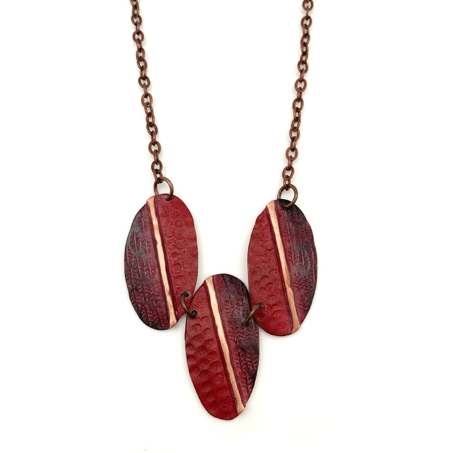 Copper Patina Necklace - Red Feathers and Circles