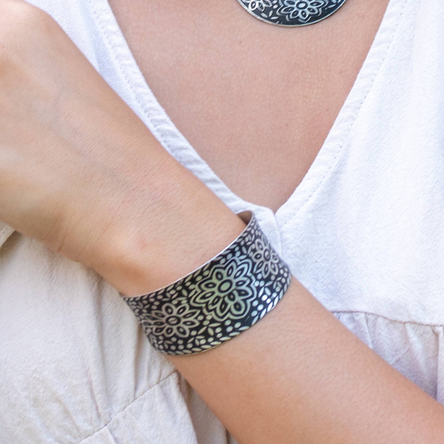 Silver Patina Bracelet - Black Floral Pattern