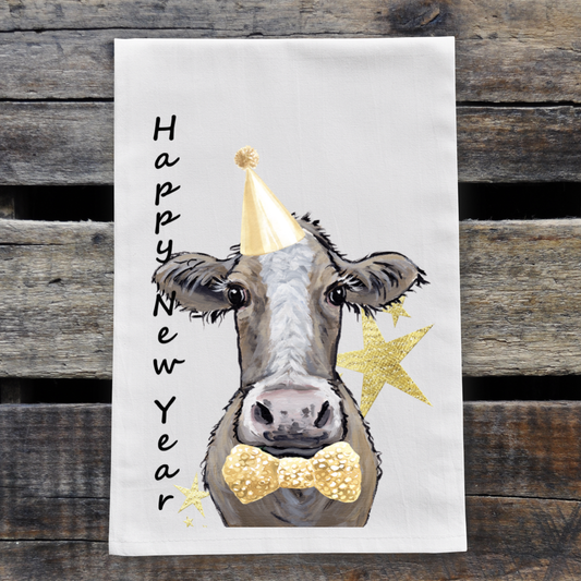 Happy New Year Cow Flour Sack, Farmhouse Tea Towel