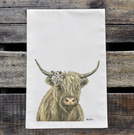 Highland Cow Tea Towel, 'Fern' Boho Flowers, Kitchen Decor