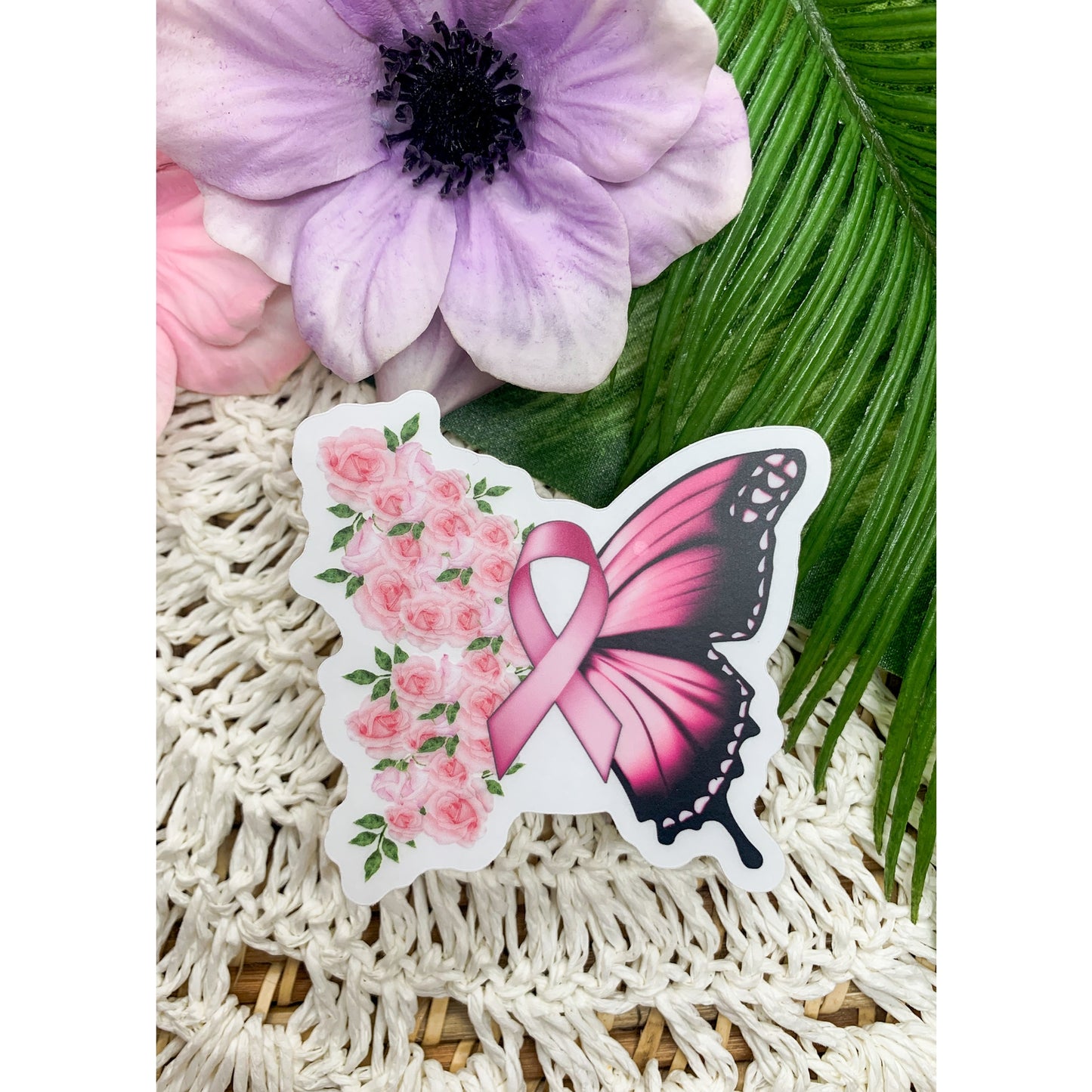 Breast Cancer Awareness Butterfly, Clear Vinyl Sticker, 3x3 in