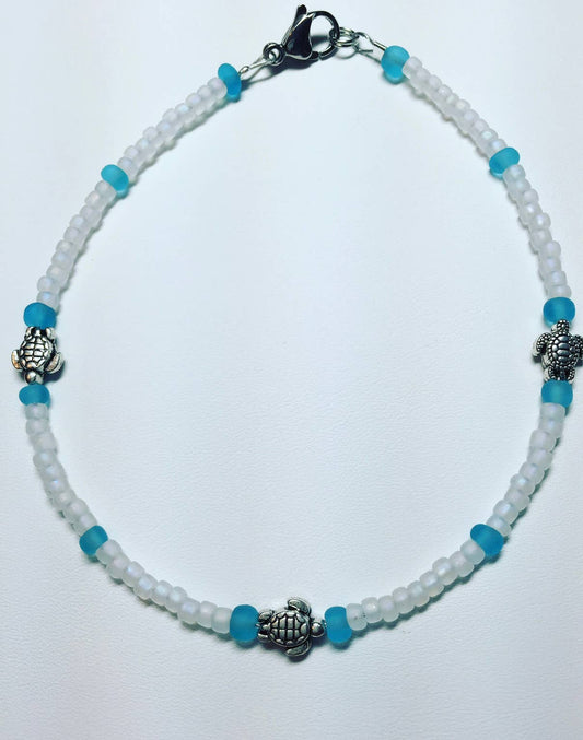 Sea Turtle anklet with white frosted beads