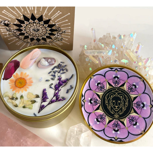 Leo Crystal Candle, Zodiac Candle w/ Gemstones + Herbs