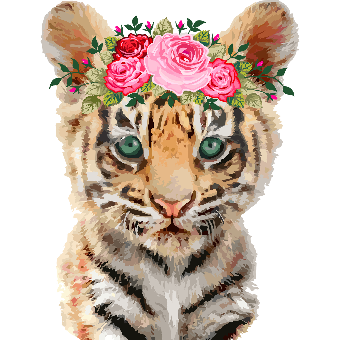Tiger With Florals Clear, Vinyl Sticker, 3x3 in.