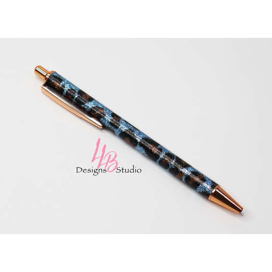 Stationery Pen | Blue Cheetah Glitter Clickable Pen | Black Ink |