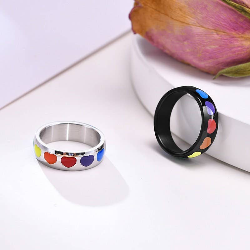 Rainbow Heart LGBTQ Pride Couple Ring in Black Stainless Steel