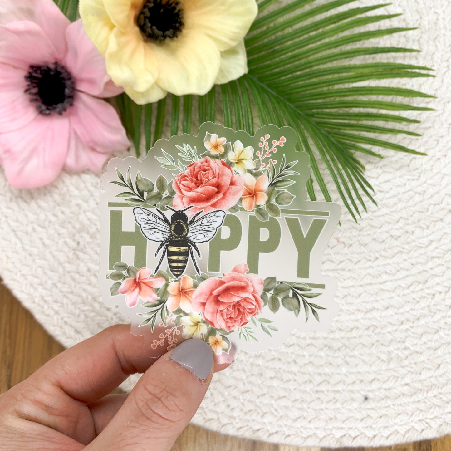 Bee Happy, Floral, Clear Vinyl Sticker, 3x3 inch