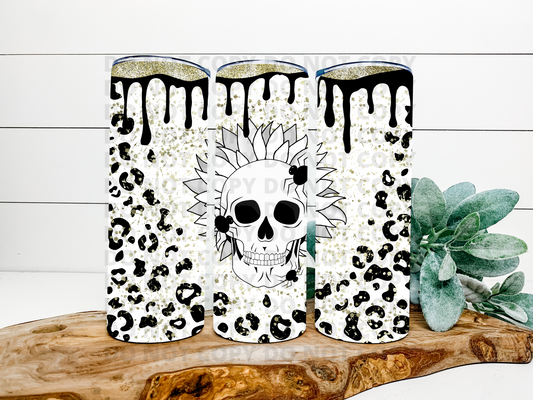 White Sunflower Leopard Skull Stainless Steel Tumbler