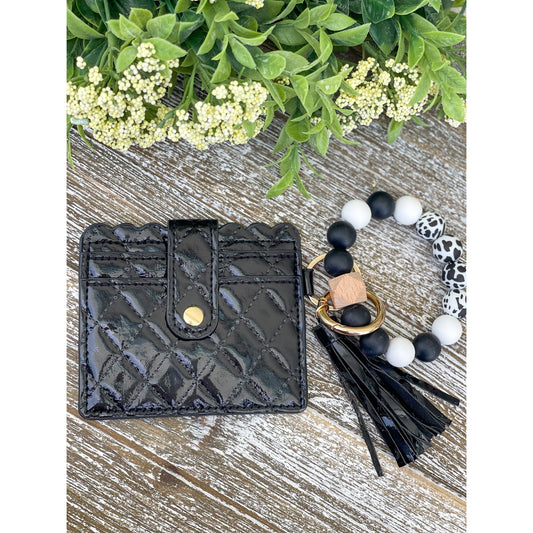 Black Quilted Beaded Tassel Cardholder Keychain