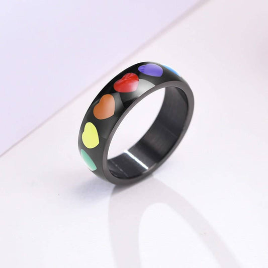 Rainbow Heart LGBTQ Pride Couple Ring in Black Stainless Steel