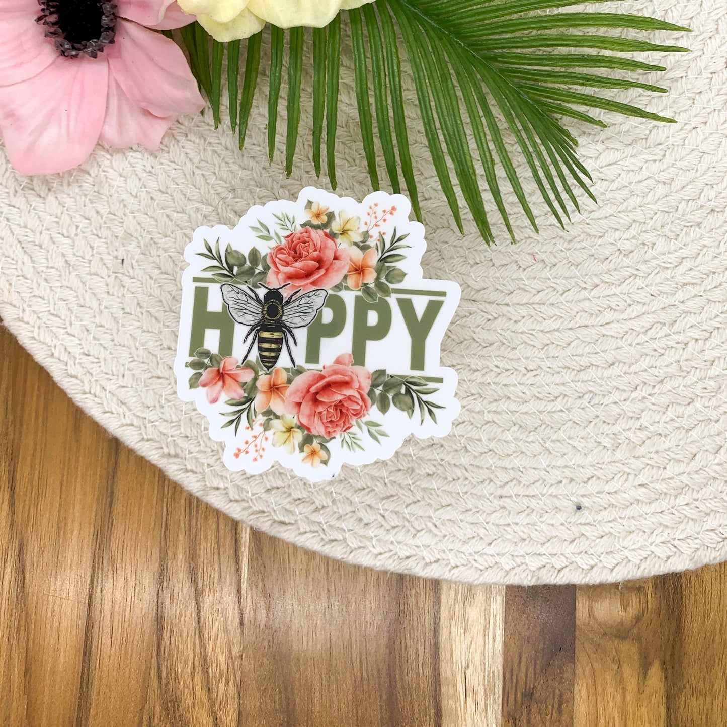 Bee Happy, Floral, Clear Vinyl Sticker, 3x3 inch