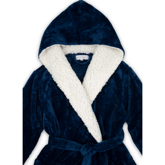 Women's Fluffy Plush Robe With Hood- Navy Blue