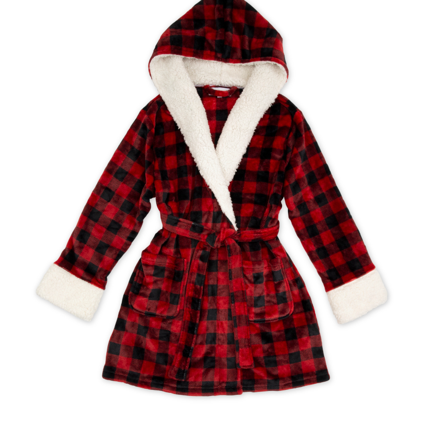 Women's Fluffy Plush Robe With Hood- Buffalo Plaid